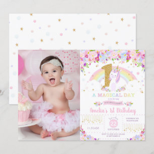 Unicorn 1st Birthday Invitation Floral Rainbow