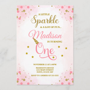 Unicorn 1st Birthday Invitation, Pink & Gold Invitation