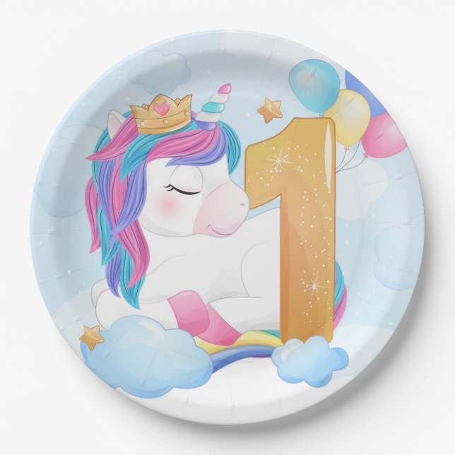 Unicorn 1st Birthday Paper Plate (Front)