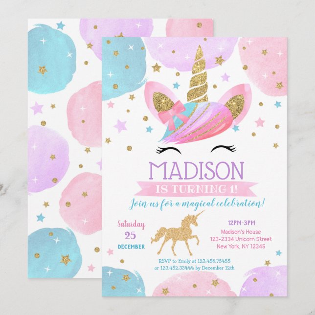 Unicorn 1st Birthday Party Invitations Rainbow (Front/Back)