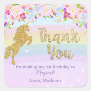 Unicorn 1st Birthday Party Thank You Favor Square Sticker