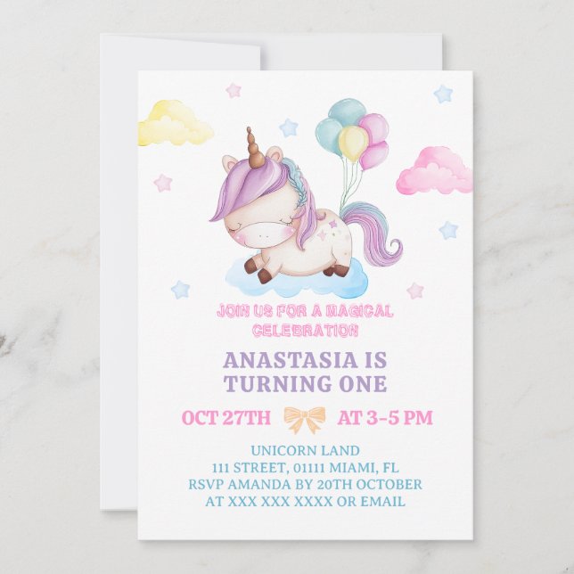 Unicorn 1st Birthday Pastel Colours Invitation (Front)