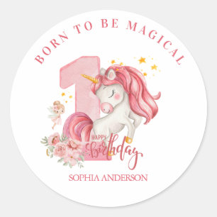 Unicorn 1st Birthday  Pastel Pink Little Girl  Classic Round Sticker