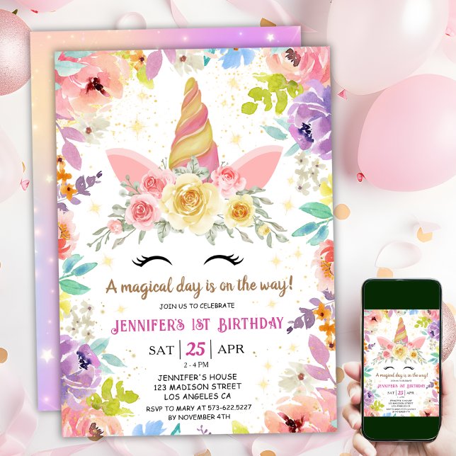 Unicorn 1st Birthday Pink Girl Floral Rainbow Invitation (#UnicornBirthdayInvitation #UnicornBirthdayInvitationTemplate #UnicornBirthdayInvitationEditable
)