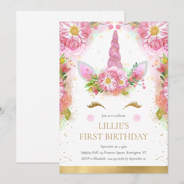 Unicorn 1st Birthday Pink Gold Glitter  Invitation (Front/Back)