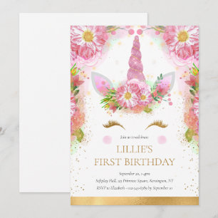 Unicorn 1st Birthday Pink Gold Glitter  Invitation