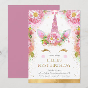Unicorn 1st Birthday Pink Gold Glitter Invitation