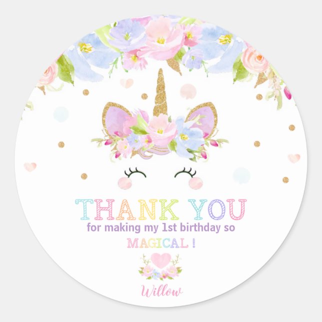 Unicorn 1st Birthday Thank You Favour Sticker Labe (Front)