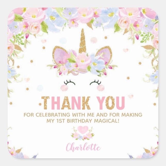 Unicorn 1st Birthday Thank You Favour Sticker Labe (Front)