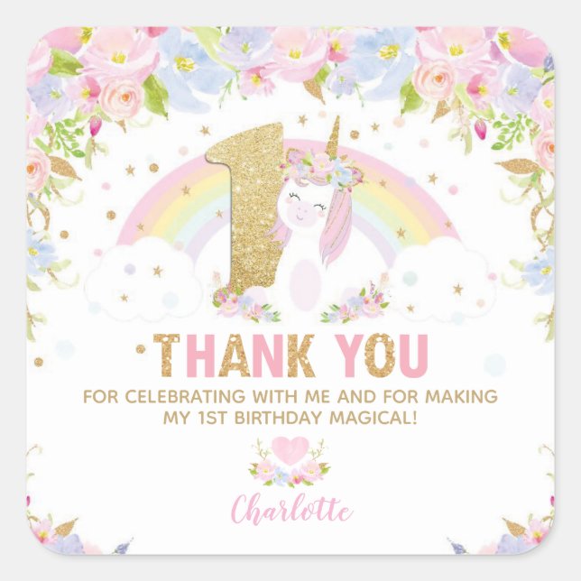 Unicorn 1st Birthday Thank You Favour Sticker Labe (Front)