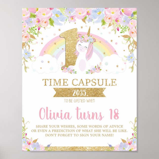 Unicorn 1st Birthday Time Capsule Game Activity Poster (Front)