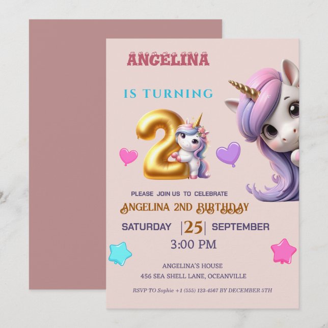 Unicorn 2e anniversaire Invitation fille violet &  (Devant / Derrière)