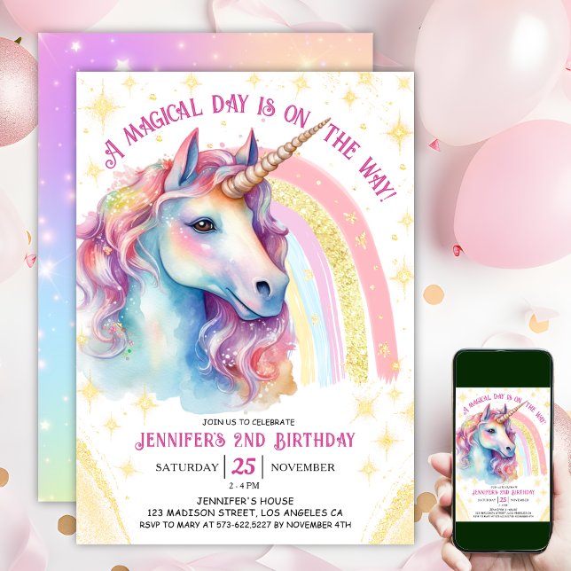 Unicorn 2nd Birthday Gold Pink Magical Rainbow Invitation (#UnicornBirthdayInvitation #UnicornBirthdayInvitationTemplate #UnicornBirthdayInvitationEditable)