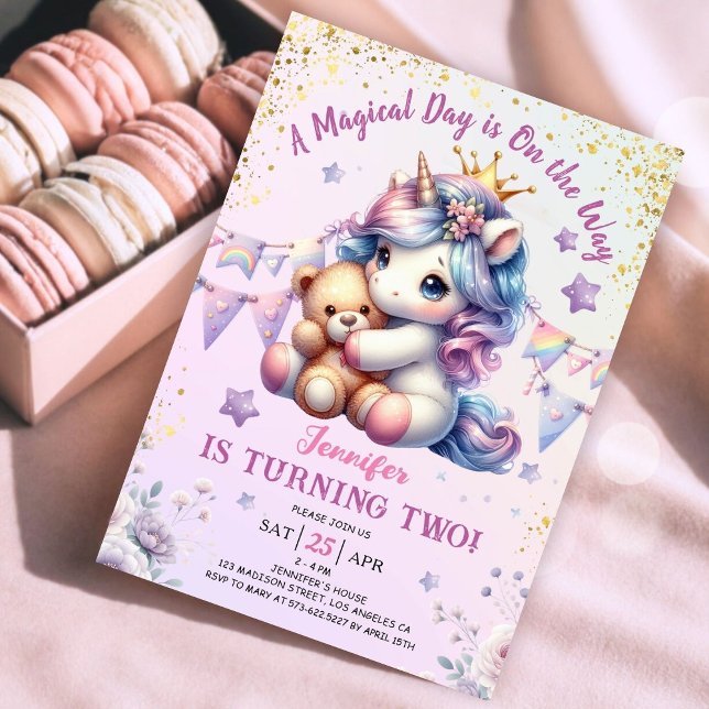 Unicorn 2nd Birthday Invite Girl Pink Gold Cute (#UnicornBirthdayInvitation #UnicornBirthdayInvitationTemplate #UnicornBirthdayInvitationEditable 
)