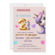 Unicorn 2nd Birthday Invite Girl Purple & Gold