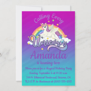 Unicorn 2nd Birthday Magical Whimiscal Invitation