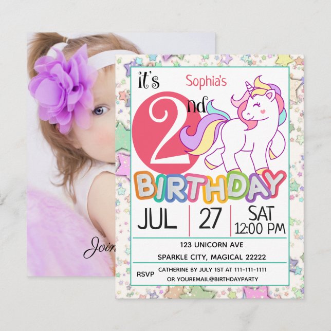 Unicorn 2nd Birthday Party  Invitation (Front/Back)