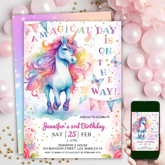 Unicorn 3rd Birthday Fairy Floral Rainbow & Stars Invitation (#UnicornBirthdayInvitation #UnicornBirthdayInvitationTemplate #UnicornBirthdayInvitationEditable)