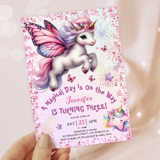 Unicorn 3rd Birthday Girl Pink Purple Glitter Invitation (#UnicornBirthdayInvitation #UnicornBirthdayInvitationTemplate #UnicornBirthdayInvitationEditable )