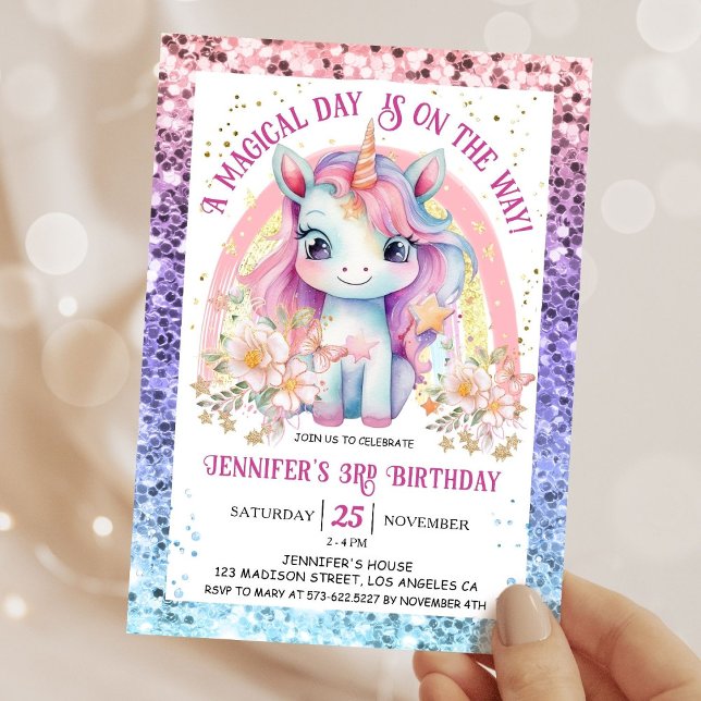 Unicorn 3rd Birthday Gold Glitter Floral Rainbow  Invitation (Creator Uploaded)