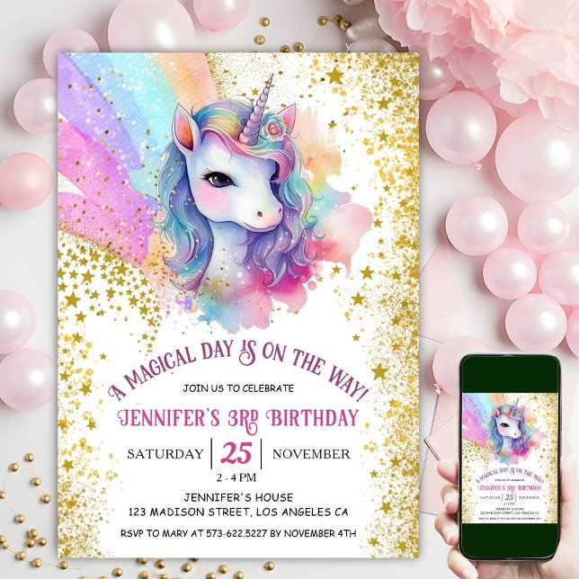 Unicorn 3rd Birthday | Gold Glitter Rainbow  Invitation (
#UnicornBirthdayInvitation #UnicornBirthdayInvitationTemplate #UnicornBirthdayInvitationEditable )