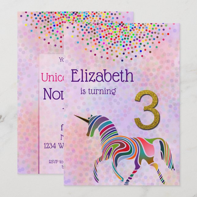 Unicorn 3rd birthday invitation glitter confetti (Front/Back)
