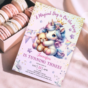 Unicorn 3rd Birthday Invite Girl Pink Gold Cute
