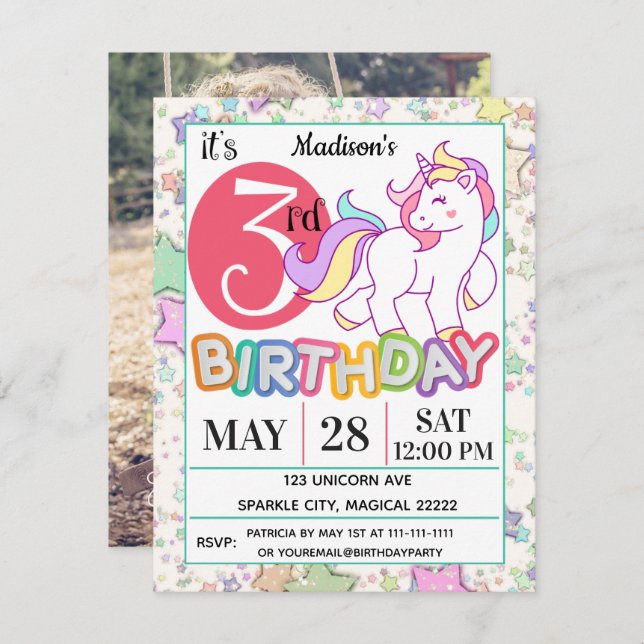 Unicorn 3rd Birthday Party  Invitation (Front/Back)