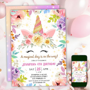 Unicorn 4th Birthday Colourful Floral Rainbow Invitation
