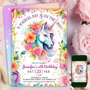 Unicorn 4th Birthday Floral Rainbow and Stars Invitation