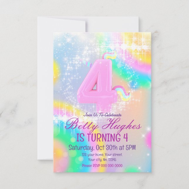 Unicorn 4th Birthday Invitation (Front)