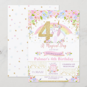 Unicorn 4th Birthday Invitation Floral Rainbow