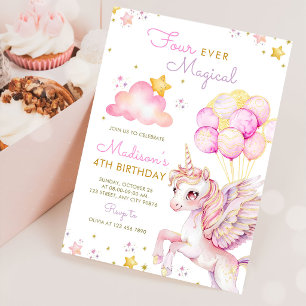 Unicorn 4th Birthday Invitation, Four Ever Magica Invitation