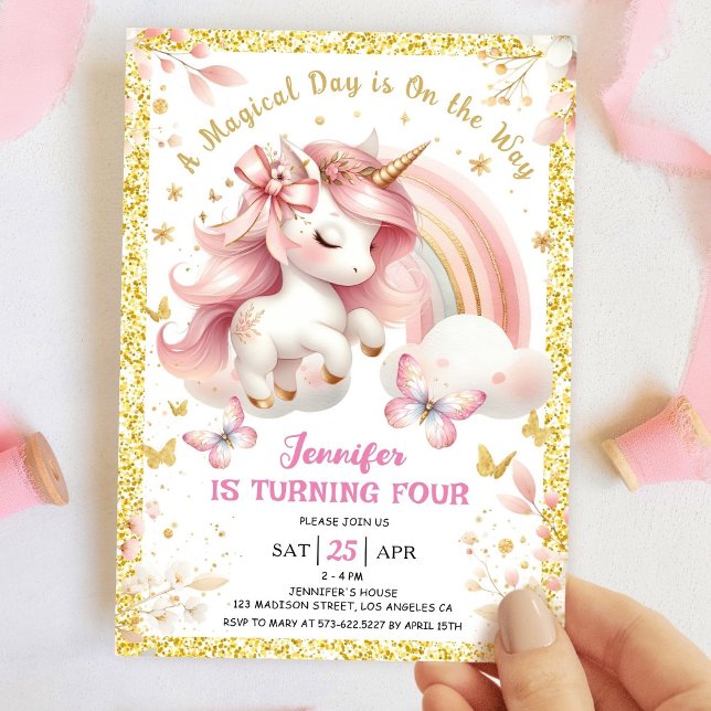 Unicorn 4th Birthday Party Girl Blush Pink & Gold Invitation (Creator Uploaded)