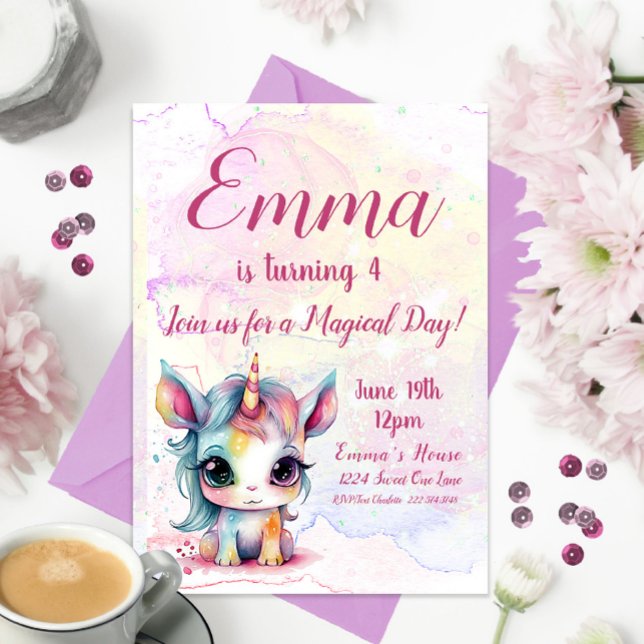 Unicorn 4th Birthday, Unicorn Party                Invitation (Creator Uploaded)