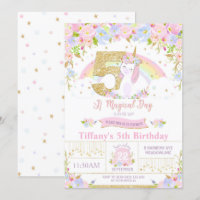 Unicorn 5th Birthday Invitation Floral Rainbow