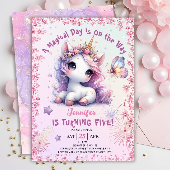 Unicorn 5th Birthday Party Girl Pink Purple  Invitation (#UnicornBirthdayInvitation #UnicornBirthdayInvitationTemplate #UnicornBirthdayInvitationEditable )