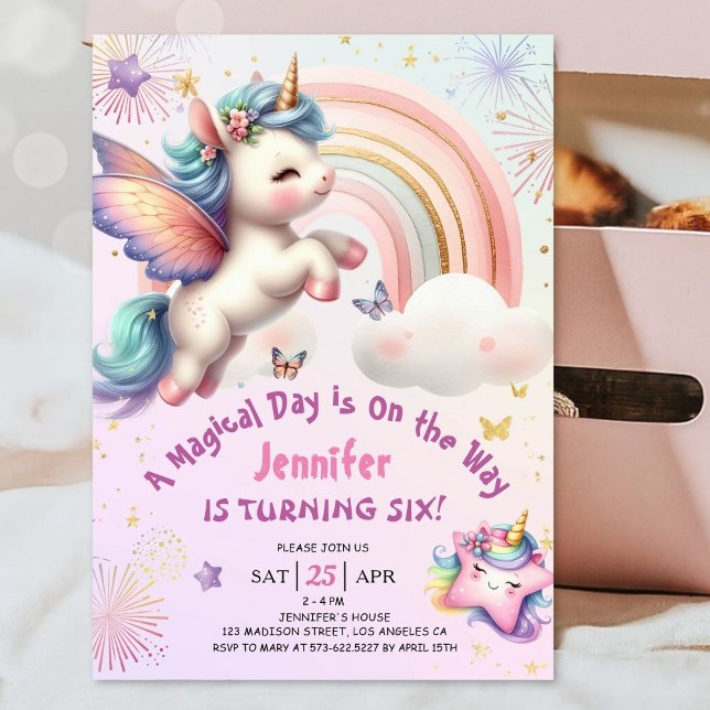 Unicorn 6th Birthday Girl Purple Pink Rainbow  Invitation (
#UnicornBirthdayInvitation #UnicornBirthdayInvitationTemplate #UnicornBirthdayInvitationEditable)