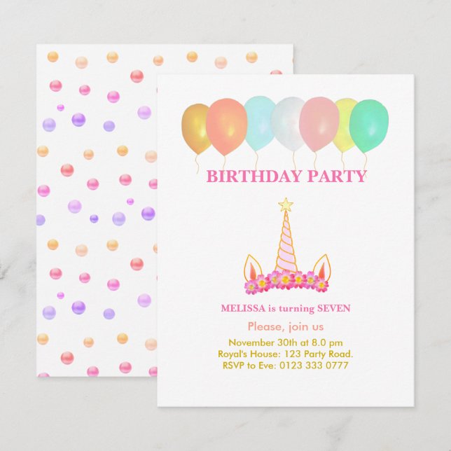 Unicorn 7e anniversaire fête Invitation (Devant / Derrière)