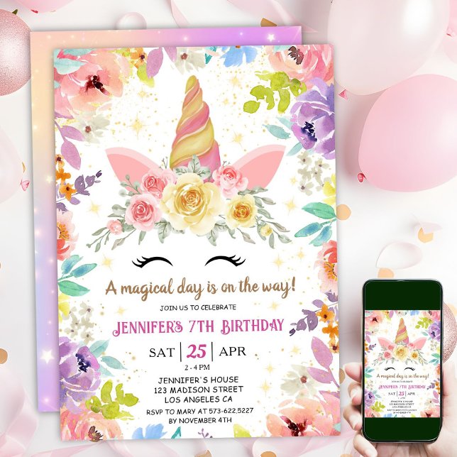 Unicorn 7th Birthday Colourful Floral Rainbow Invitation (#UnicornBirthdayInvitation #UnicornBirthdayInvitationTemplate #UnicornBirthdayInvitationEditable 

)