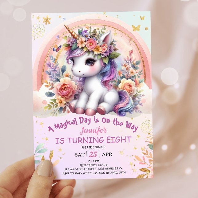 Unicorn 8th Birthday Girl Pink Floral Rainbow Invitation (#UnicornBirthdayInvitation #UnicornBirthdayInvitationTemplate #UnicornBirthdayInvitationEditable 
)
