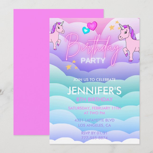 Unicorn 8th birthday invitations Purple Pink (Front/Back)