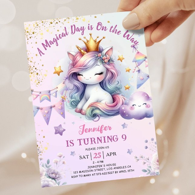 Unicorn 9th Birthday Invite Girl Pink & Gold (#UnicornBirthdayInvitation #UnicornBirthdayInvitationTemplate #UnicornBirthdayInvitationEditable )