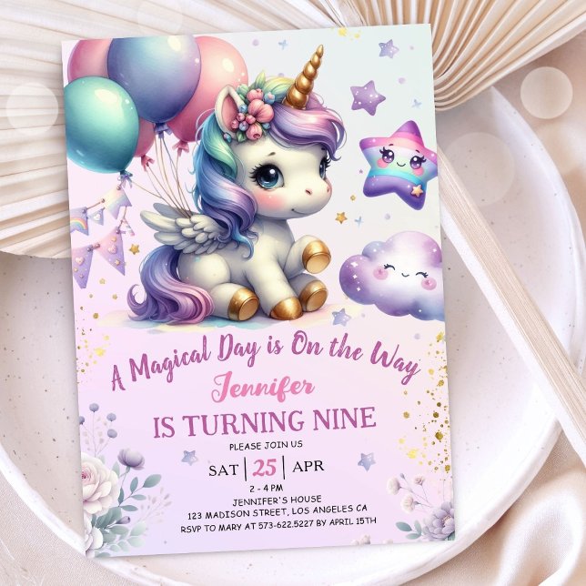 Unicorn 9th Birthday Invite Girl Purple & Gold (#UnicornBirthdayInvitation #UnicornBirthdayInvitationTemplate #UnicornBirthdayInvitationEditable 
)