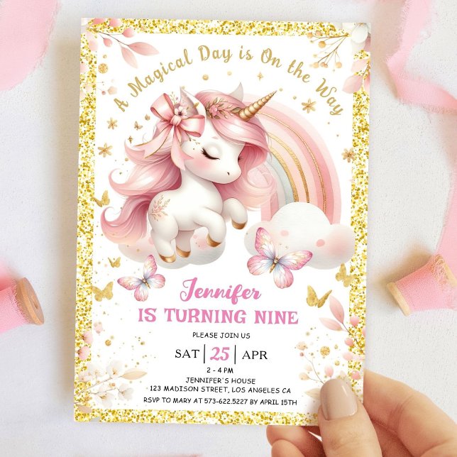 Unicorn 9th Birthday Party Girl Blush Pink & Gold Invitation (Creator Uploaded)