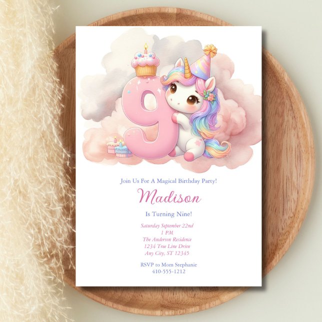 Unicorn 9th Ninth Pink Blue Purple Girl Birthday  Invitation (Unicorn Girls 9th Birthday party invitation. Printed or Instant digital download,)