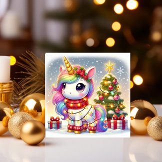 Unicorn Adorned with Lights by the Christmas Tree Holiday Card