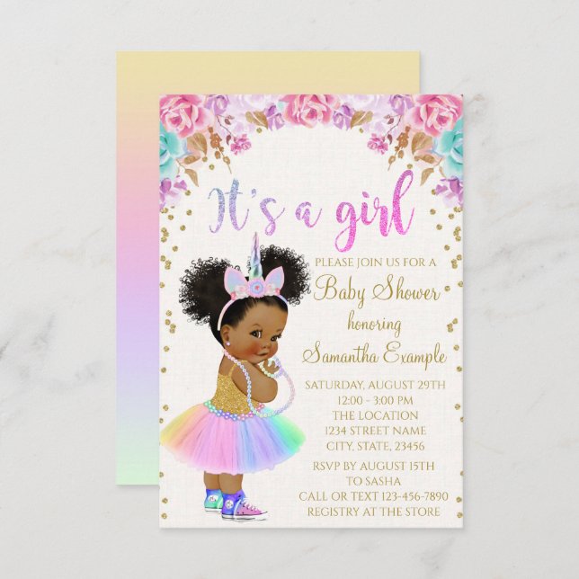 Unicorn African American Princess Baby Shower In Invitation (Front/Back)