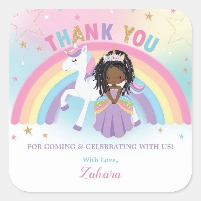 Unicorn African Princess Birthday Thank You Favour Square Sticker (Front)