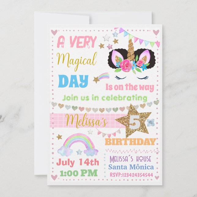 unicorn afro Puff Invitation d'anniversaire (Devant)